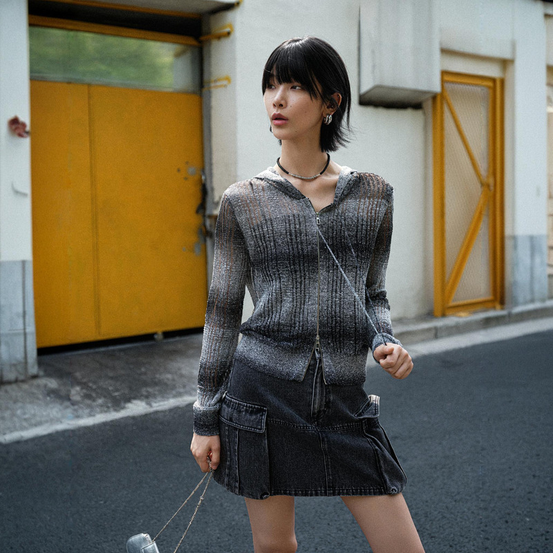 Korean Style Casual Women's Cardigan 26 Autumn New Hooded Linen Striped Moisture-Wicking Breathable Loose Slimming Cardigan Sweater