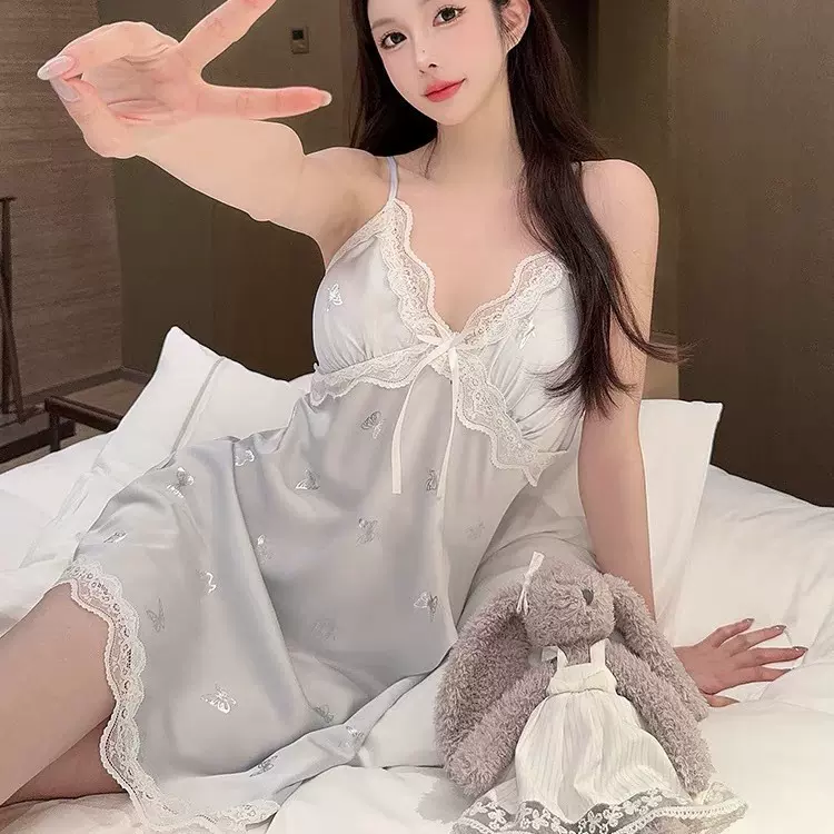 吊带睡裙女款夏季冰丝烫印蝴蝶高级睡衣甜美少女丝绸家居服网红风