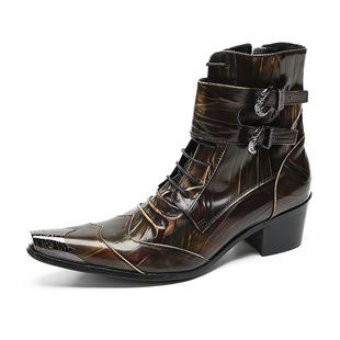 Pointed-toe Chelsea boots men's 2023 autumn and winter New Metal stitching Western boots height increasing short zipper mid-calf boots fashion