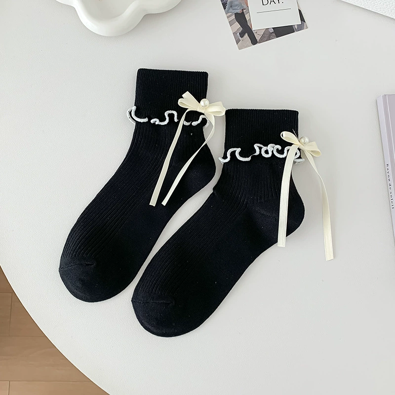 Summer thin white knee socks with bow, cute loafers, mid-length