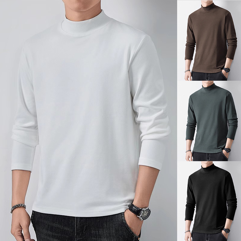 Double-sided fleece turtleneck T-shirt for men, long-sleeved German fleece base layer, thickened and warm inner layer, for export and cross-border wholesale.