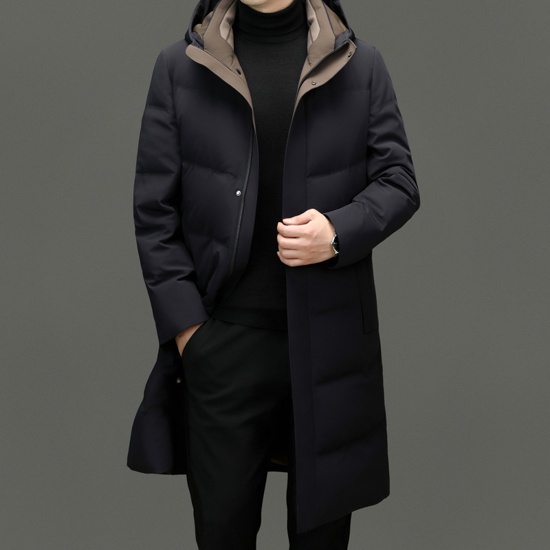 2025 New Winter Middle-Aged Men's down Jacket White Duck down Mid-Length Hooded Thickeneded Warm down Jacket for Men