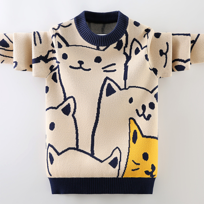 Boys and Girls sweater spring, autumn and winter cartoon cat Primary School students pure cotton children fleece-lined thickened sweater middle and big children boys
