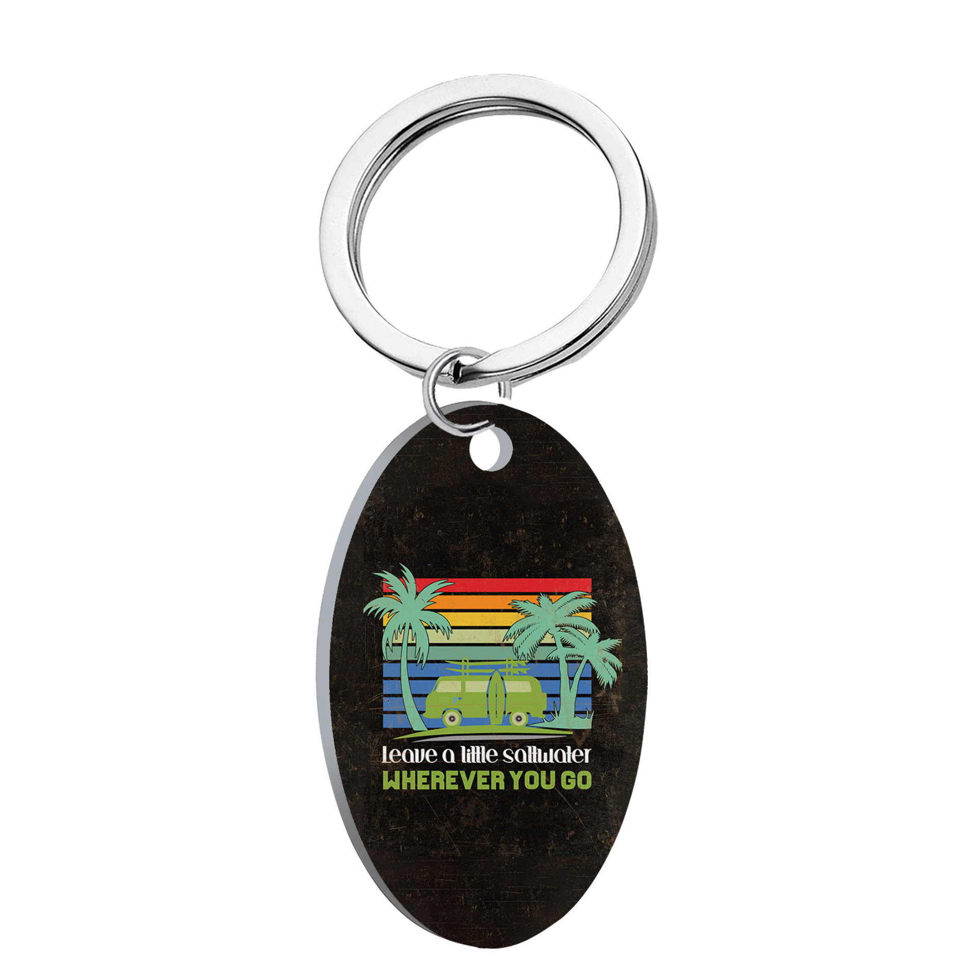 Amazon transfronteriza de acero inoxidable surf vintage teléfono móvil colgante llavero oval letras accesorios imagen impresa al por mayor