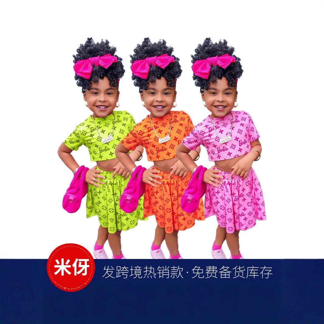 Y6463 Трансграничная детская одежда для девочек Летнее европейское и американское платье с короткими рукавами для детей корейская короткая юбка набор ins ветер детская одежда для девочек