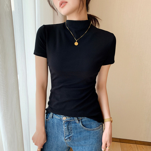 White Short Sleeve T-Shirt for Women - Spring/Summer 2025 - Half High Collar, Elegant Fitted Short Sleeve T-Shirt - Base Layer Top