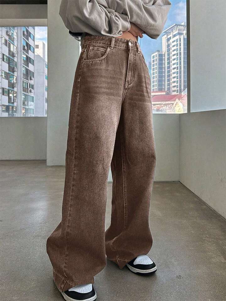 High-Waisted Straight-Leg Coffee-Colored Washed Jeans for Women, Vintage Loose American-Style Gradient Brown Long Pants, Vibe Wide-Leg Pants