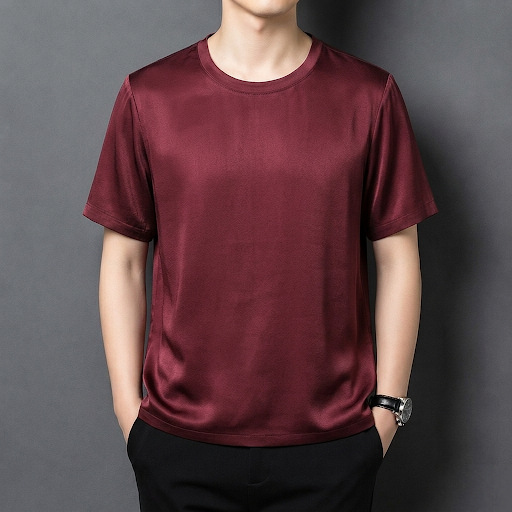 Áo thun nam tay ngắn lụa mulberry mỏng nhẹ form rộng cổ tròn — Da đen 8935 chi tiết 1