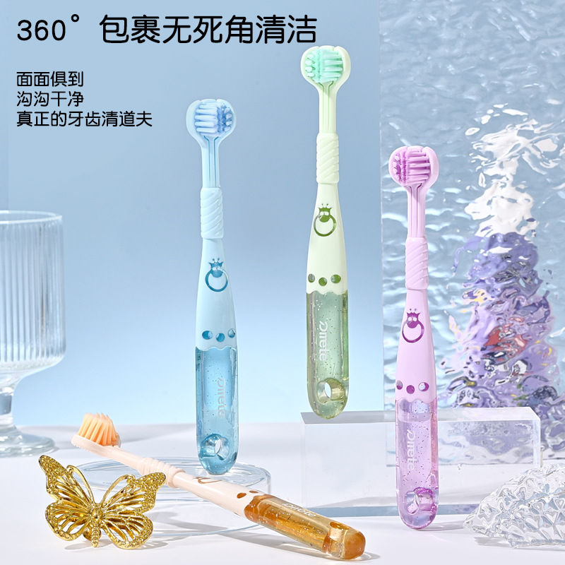 Cute Kidsren's Three-Sided Toothbrush with 3D Stereo Wrapping, Special Soft-Bristled Crystal Anti-Slip Handle for Babies Aged 3-12 Years Old