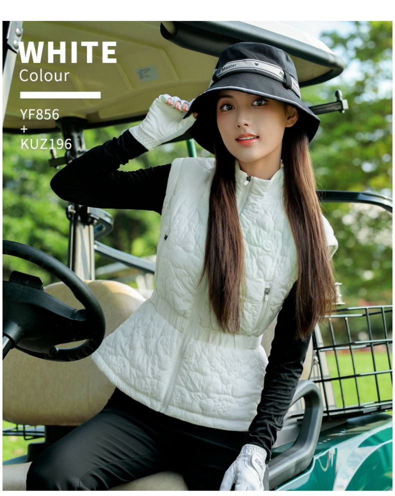 Áo vest khoác nữ thể thao golf chần bông cổ đứng khóa kéo — Áo vest trắng [eo có thể điều chỉnh/cổ áo đứng có khóa kéo/lót chần bông] YF856 chi tiết 7