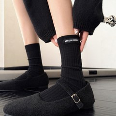 秋冬新款韩系黑色布标堆堆袜miu系风中筒袜字母运动简约百搭女袜