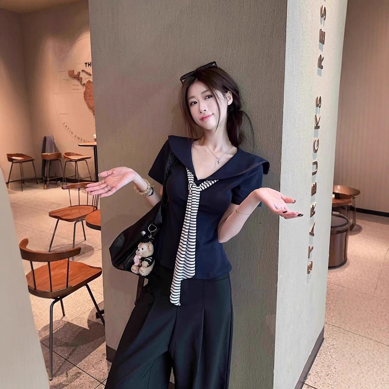 College Style Navy Blue Navy Collar Stripesd Tie Short-Sleeved T-Shirt Women's Summer 2025 Slim Miu Right Shoulder Short Top