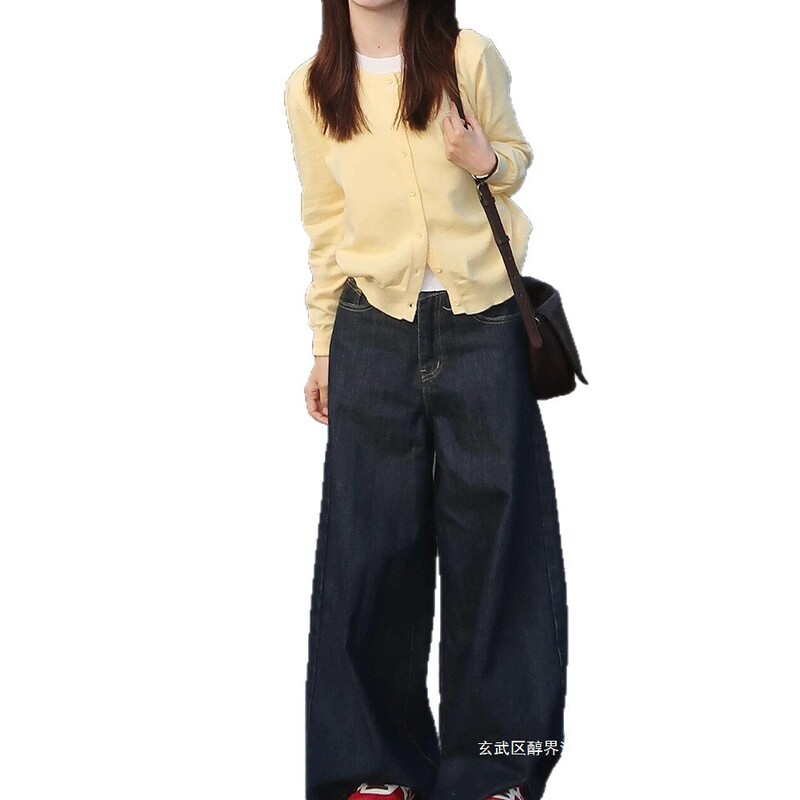 跨境拼色假两件针织开衫女慵懒风长袖毛衣春季显瘦小众外套黄色冰|undefined