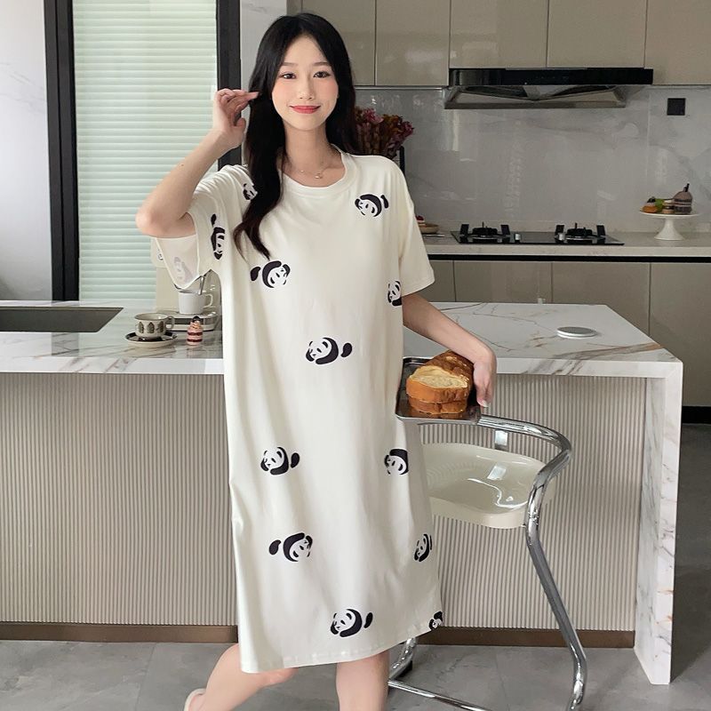 Venta al por mayor transfronteriza verano nuevo pijama mujer imitación algodón cinturón cojín en el pecho impresión de dibujos animados gran tamaño camisón de manga corta mujeres pueden usar