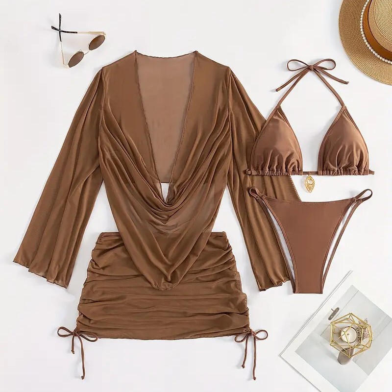 European and American Split Swimsuit, Feminine Four-Piece Set, Light Gauze Blouse, Lace-Up Bikini, Cross-Border Foreign Trade New Bikini