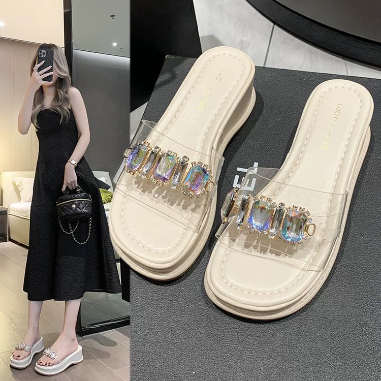 2023 летнее Новое поступление прозрачные хрустальные тапочки со стразами на танкетке Тапочки на толстой подошве женские элегантные сандалии