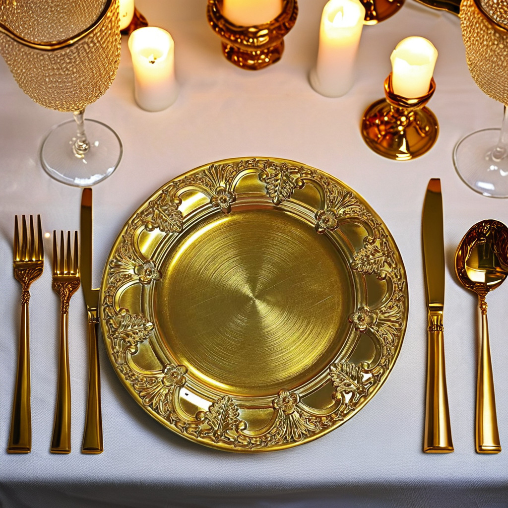 Fábrica directa platos de oro galvanizados imitación de metal procesamiento de bodas de hotel procesamiento de pintura de plástico platos de decoración