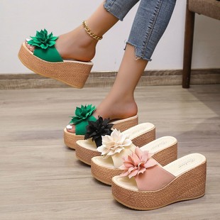 Independent Station 2021 Summer New Wedge Heel High Heel Flower Platform Heel Women's Sandals and Slippers for Foreign Trade