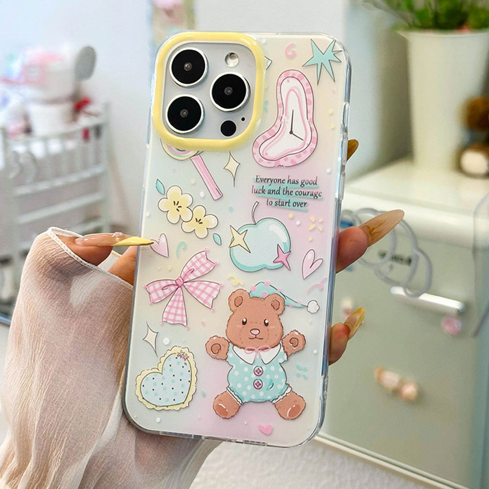 Custodia protettiva con cinturino con fiocco 3C Cartoon Bear compatibile con 16PM Cute 13 Phone Case 15 Pro_voghion.com
