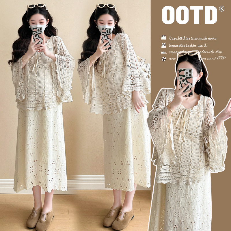 in stock maternity dress good-looking fairy apricot hollow lace sweater long sleeve blouse 2025 new spring and autumn suit in stock maternity dress good-looking fairy apricot hollow lace sweater long sleeve blouse 2025 new spring and autumn suit