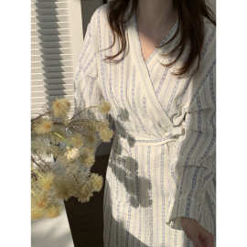 韩国ins女士新品韩版韩系简约条纹花双层棉纱家居服舒适浴袍睡袍
