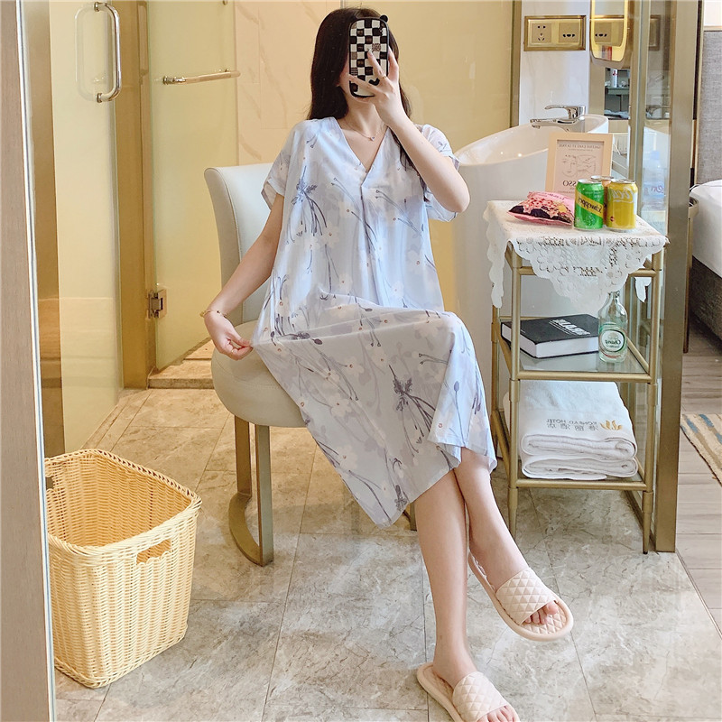 Camisón de seda de algodón para mujer verano nuevo Pijama estampado de dibujos animados de manga corta estilo coreano más tamaño ropa para el hogar suelta de seda de algodón delgada
