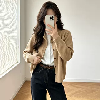 韩系老钱风衬衫拼接假两件上衣女秋冬新款显瘦休闲立领针织开衫女