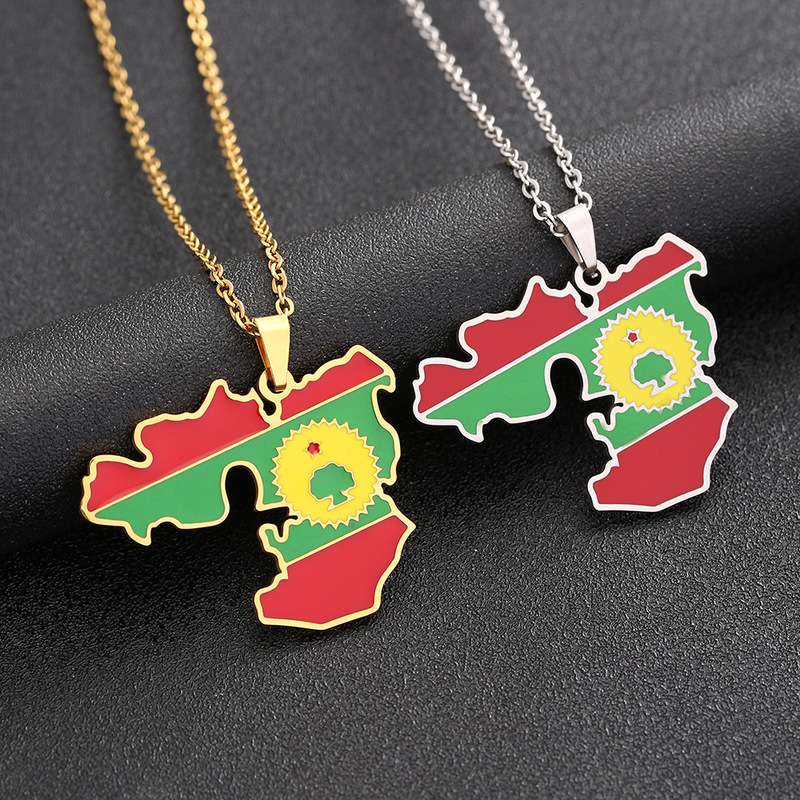 European and American Hot Sale Oromia Map Stainless Steel Necklace Men and Women New Drop Oil Pendant Ethnic Style Trendy Jewelry