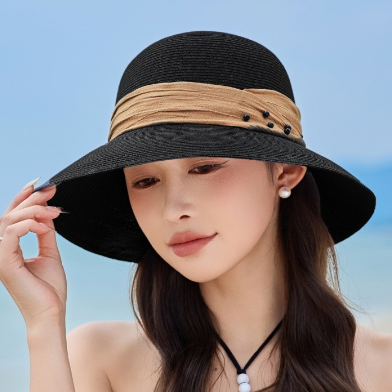 Cappello da sole in paglia raffia stile hepburn con perle donna_voghion.com