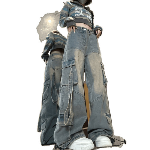 American street style oversized jeans for men and women, high-end street design with pocket detail, high-waisted, loose, falling sensation, floor-length, trendy