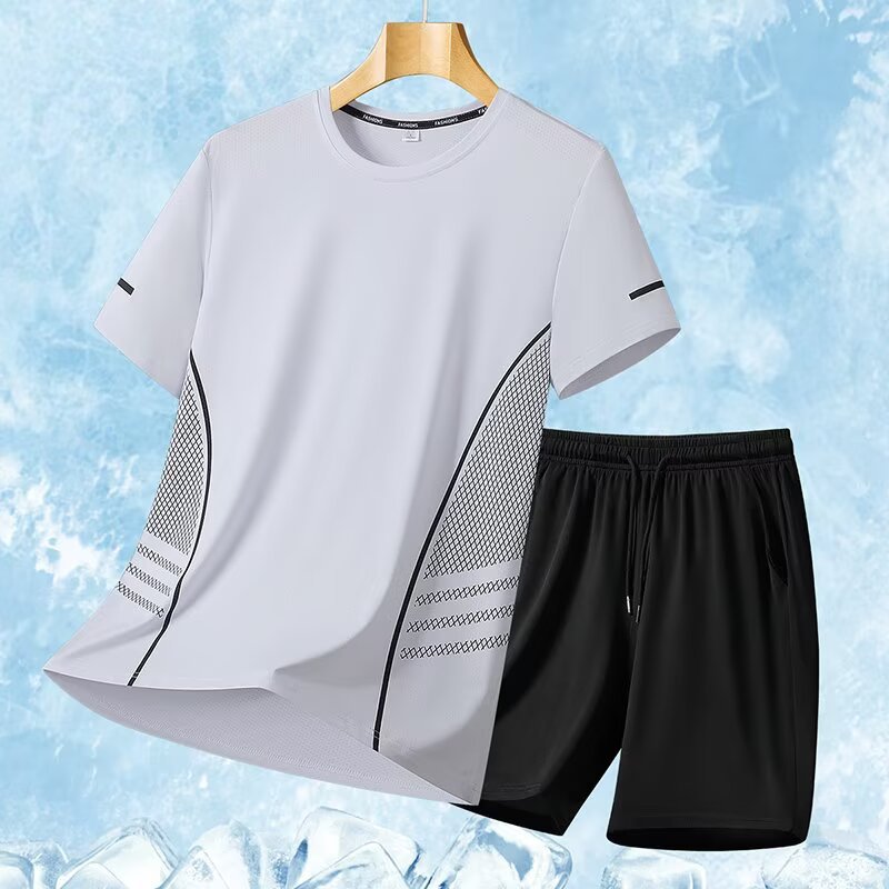Trajes deportivos para hombres hielo veloz ropa seca camiseta de fitness correr mangas cortas pantalones cortos trajes de entrenamiento fábrica transfronteriza al por mayor