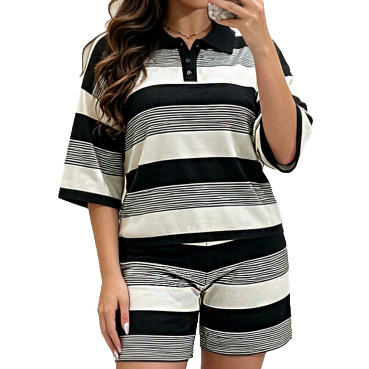 Women's Color Blocked Striped Polo Collar Short Sleeve T-Shirt And Shorts Set Casual Spring/Summer Hot Sale_ecoleips.com