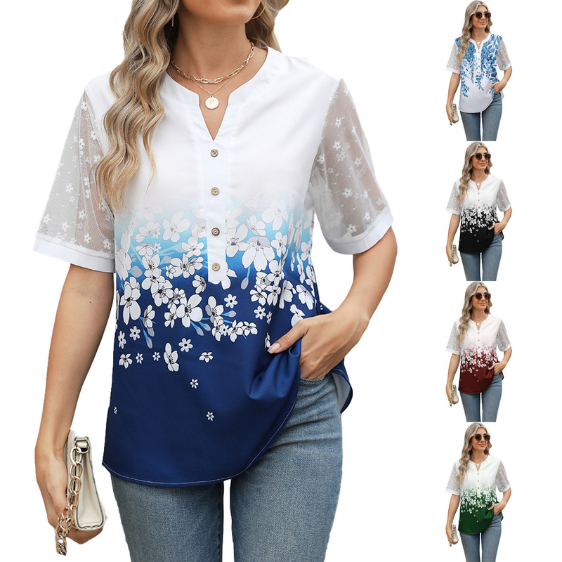 Cross-border women's clothing 2025 Amazon spring and summer Europe and the United States new v-neck printed chiffon shirt stitching lace sleeve top women