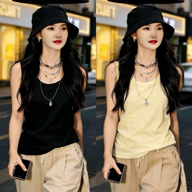 Real Cotton Round Neck Sleeveless Vest for Women, Spring and Summer, Plus Size, Slim Fit, Outerwear, Inner Wear, Base Layer, Breast-Covering, Sleeveless T-Shirt Top Real Cotton Round Neck Sleeveless Vest for Women, Spring and Summer, Plus Size, Slim Fit, Outerwear, Inner Wear, Base Layer, Breast-Covering, Sleeveless T-Shirt Top