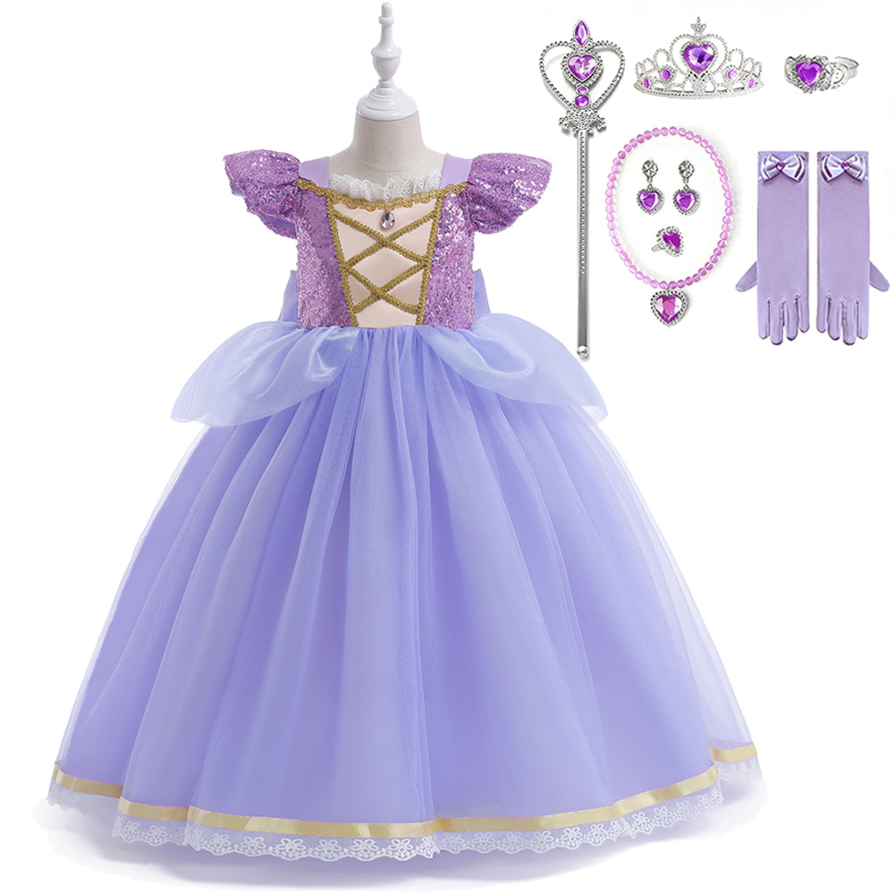 Vestido de juego de rol para niñas, disfraz de Rapunzel, vestido de cumpleaños con lentejuelas para niñas pequeñas.