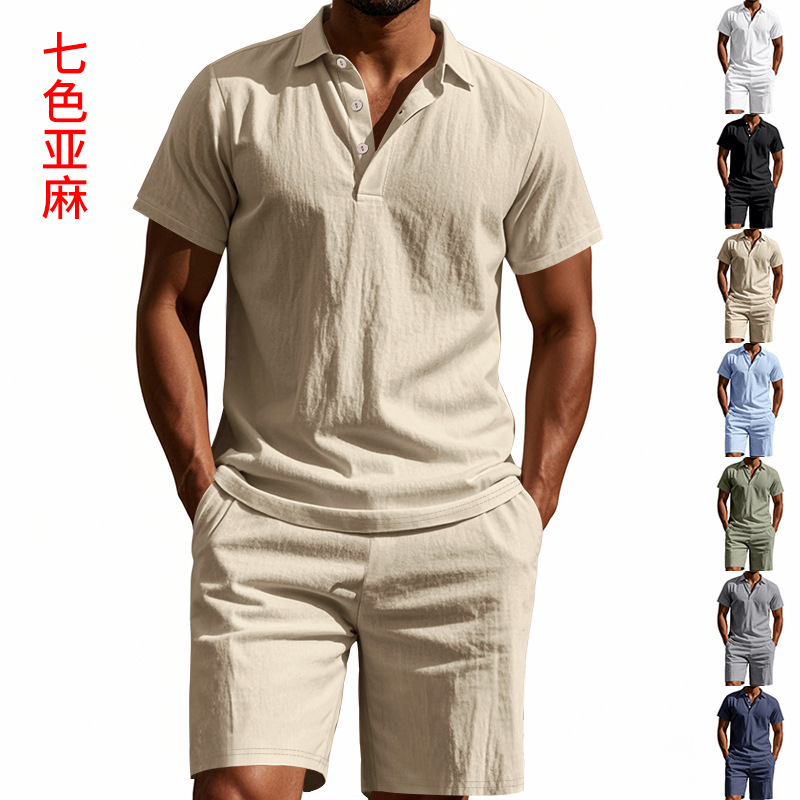 Tronos de Amazon American Summer para hombre suelto casual lino transpirable camisa POLO traje corto de manga de playa