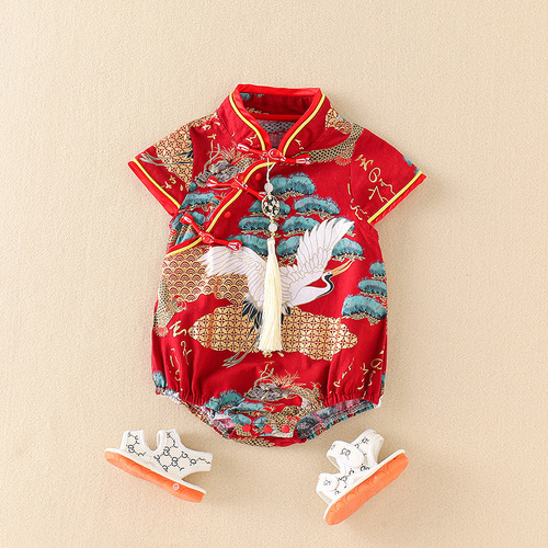 Baby summer dress Chinese style cheongsam baby girl retro crane pine short-sleeved fart coat newborn triangle jumpsuit