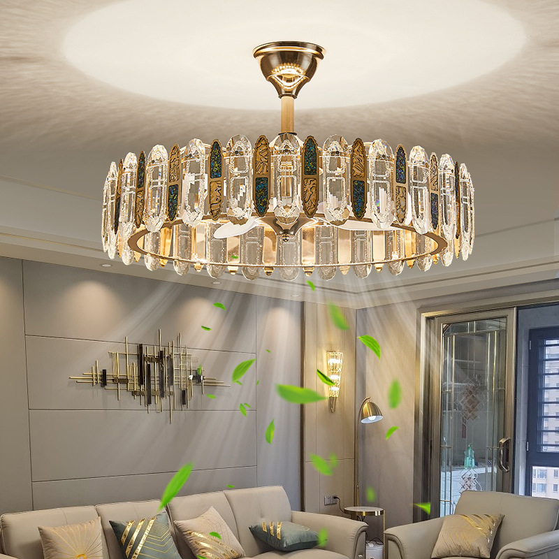 2024 new color shell crystal chandelier smart home offline voice living room dining room invisible hanging fan lamp wholesale