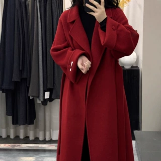 红色大衣女长款2026秋冬季高级感复古宽松浴袍羊绒羊毛大衣外套女