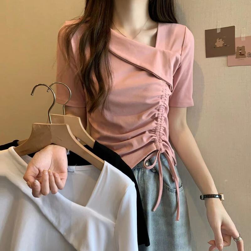 Irregular Drawstring Extra Large Short-Sleeved T-Shirt for Women Summer New Sweet Design Chic Versatile Top Ins Irregular Drawstring Extra Large Short-Sleeved T-Shirt for Women Summer New Sweet Design Chic Versatile Top Ins