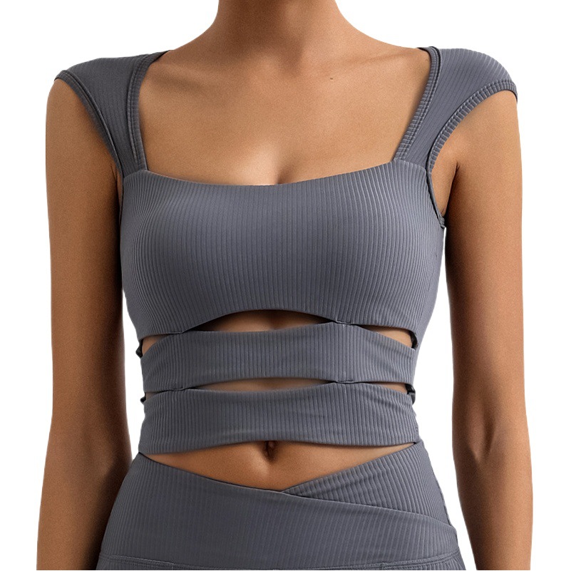 Comercio exterior transfronterizo yoga camiseta mujeres con almohadilla en el pecho rayas de secado rápido correr deportes entrenamiento físico superior entrega de una pieza