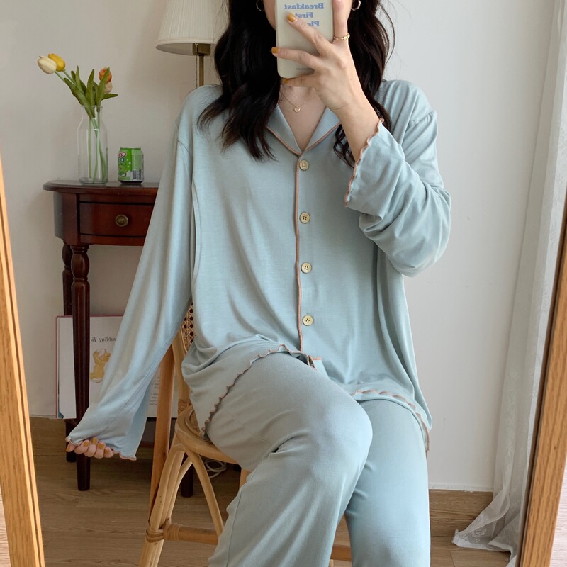 [Ready Stock 2891] Modal Confinement Clothes, Spring and Summer Maternity Home Clothes, Simple Long-Sleeved Postpartum Nursing Pajamas