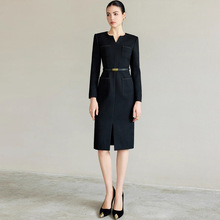 春秋新款V领时尚气质女神范包臀黑色连衣裙小香风前开叉显瘦女裙