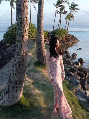 French-style, ethereal tea-length floral slip dress—spring/summer collection featuring a sheer, seductive V-neck design with lace-mesh paneling and a figure-flattering, hip-hugging silhouette.