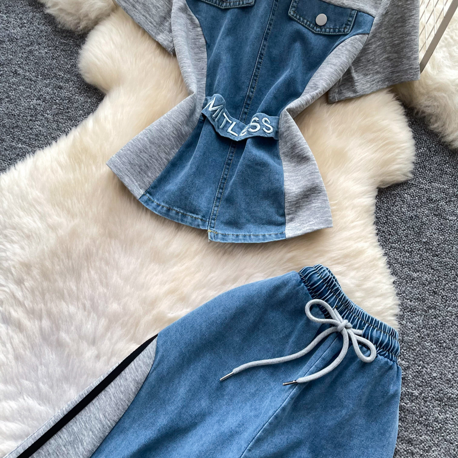 Retro Patchwork Denim Set for Women Short Sleeved Hong Kong Style Summer Casual Straight Leg Pants Two Piece Slimming Outfit_ecoleips.com
