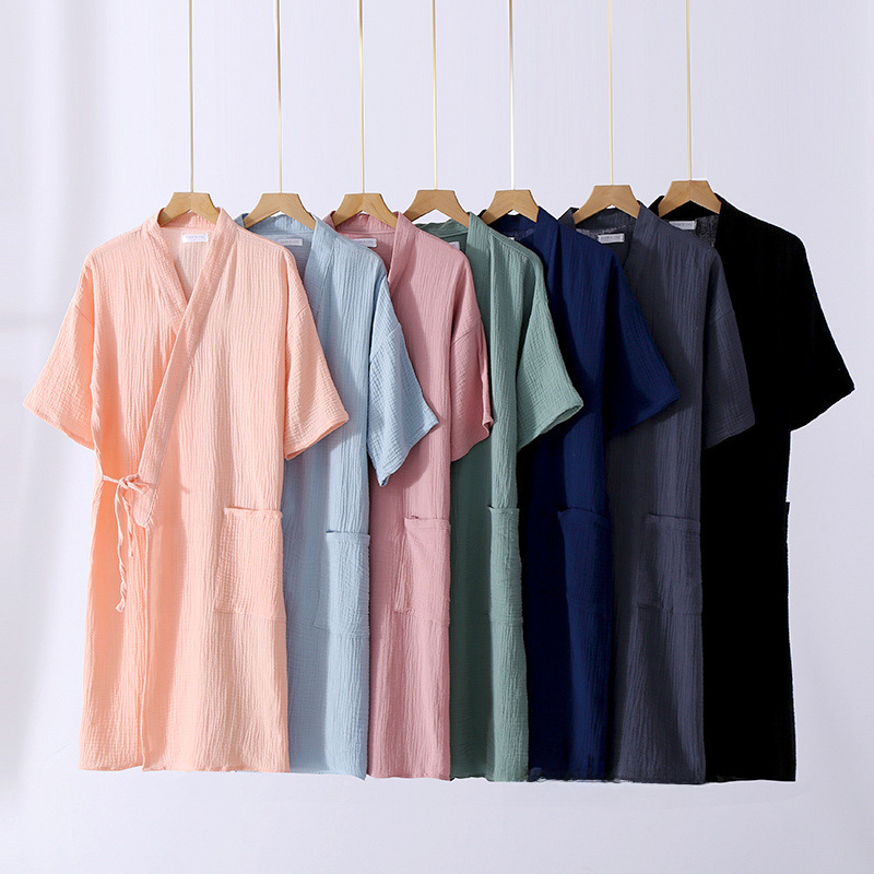 Summer Gauze Pleated Short Sleeve Five-Finger Sleeve Men's and Women's Couple Bath Robe Pajama Homecoming Clothes
