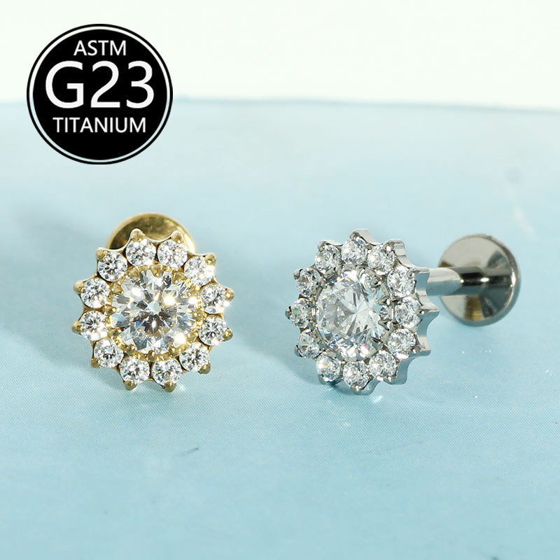 G23 Titanium F136 Zircon Flower Earrings Lip Nails Ear Bone Nails Body Piercing Jewelry detail image 7