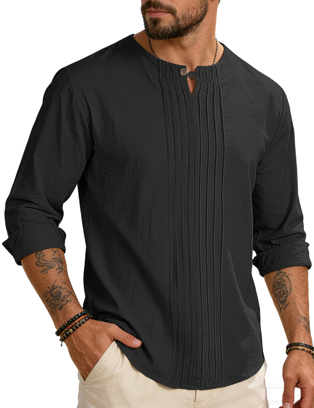 Estación independiente transfronteriza europea y americana spot cuello redondo manga larga hombre primavera otoño y verano blusa de algodón y lino suelta camisa de abrigo