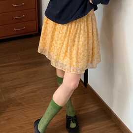 氛围感复古! 碎花半身裙夏日新款明媚少女感百搭字短裙桔色拼接