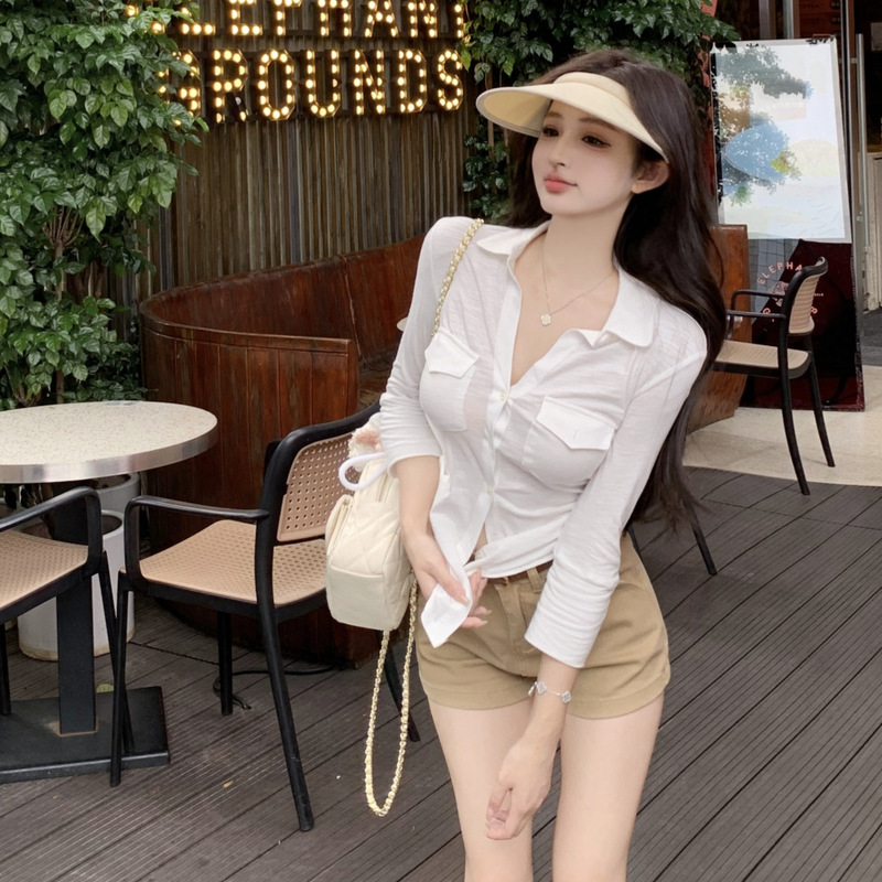 2024Polo Collar Waisted Slim-fit Elegant Long-sleeved Shirt T-shirt Autumn Design Sense Thin Sunscreen Niche Top